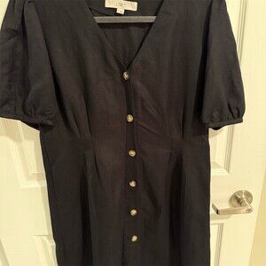 LOFT Dress Womens Size 8 Black Button Front V-Neck Puff Sleeve Mini Shift